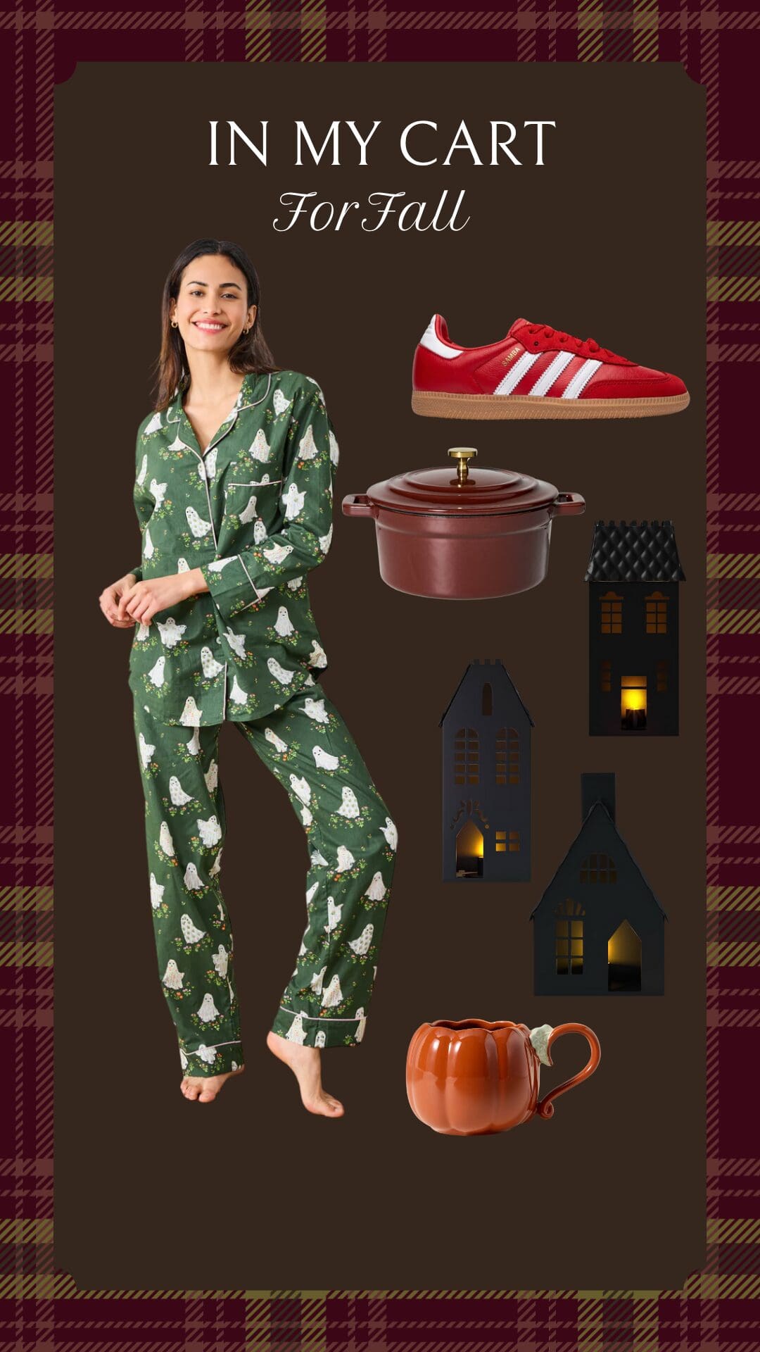 Cozy fall shopping collage featuring green ghost-print pajamas, red Adidas Samba sneakers, burgundy Dutch oven with brass knob, black metal decorative house lanterns with glowing windows, and orange pumpkin-shaped coffee mug — styled on a burgundy plaid background with “In My Cart for Fall” text.