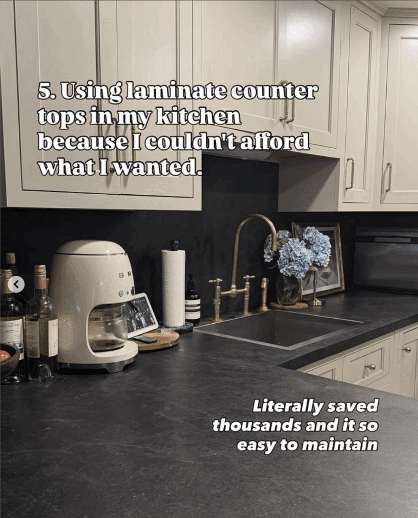 Neutral kitchen with dark laminate countertops, gold faucet, and cream cabinets. Stylish and budget-friendly countertop choice that’s easy to maintain.