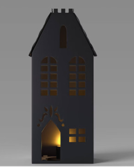 Tall black metal house-shaped lantern with cut-out windows and door, glowing with warm light inside, perfect for cozy fall or holiday decor.