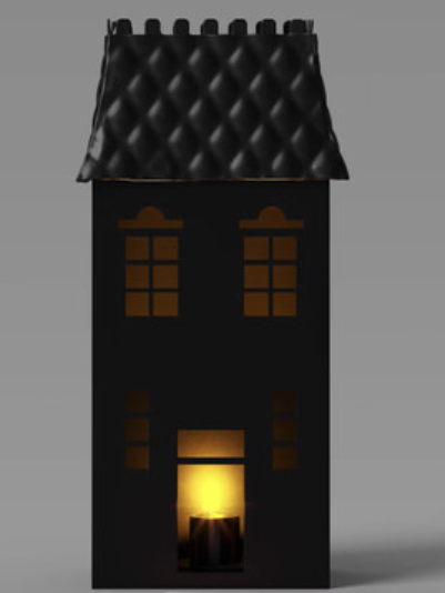 Black metal house lantern with quilted roof and cut-out windows, glowing with a warm candlelight for cozy fall and holiday home decor.