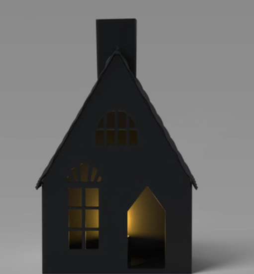 Black metal house lantern with tall chimney and arched windows, glowing with warm candlelight for cozy farmhouse and holiday decor.