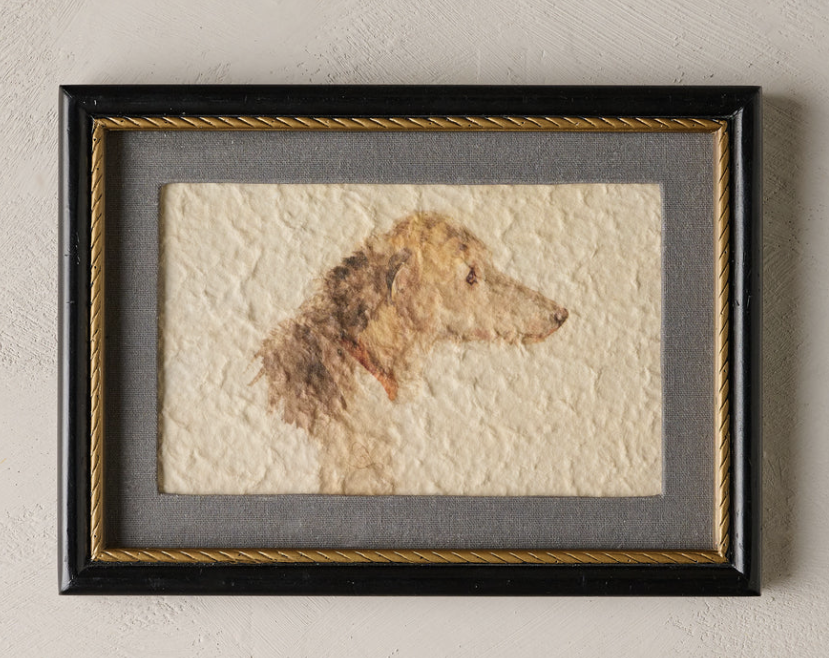 Vintage style framed watercolor portrait of a dog on textured handmade paper, rustic wall art for traditional and cozy home decor.