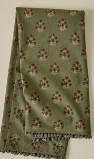 Green tea towel with floral block print pattern for fall.