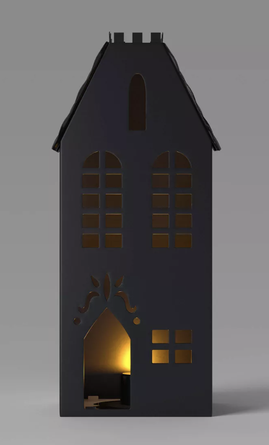 Dark decorative house with illuminated interior