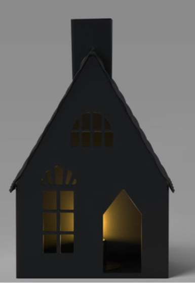 black haunted house with candle inside.