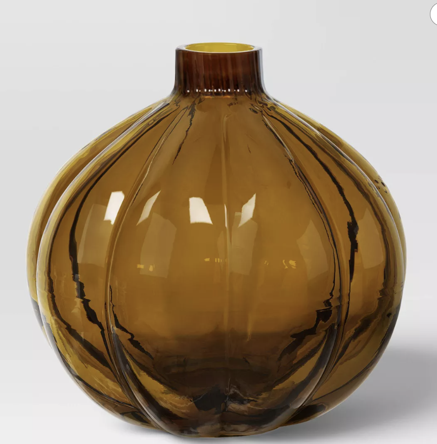 Large amber glass vase with ridges. Perfect vase for when you decorate for fall.