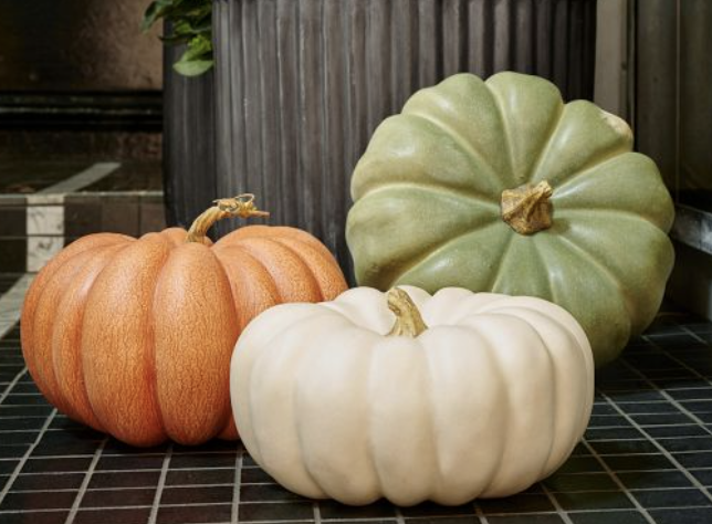 Three decorative pumpkins in various colors