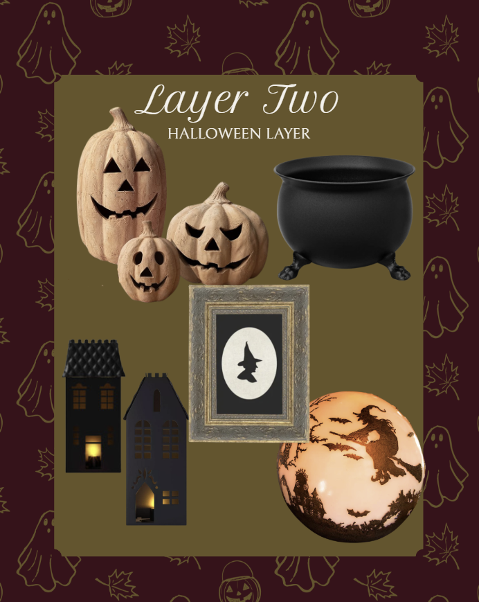 Halloween decorating ideas with rustic pumpkins, black cauldron, witch silhouette art, haunted house lanterns, and glowing witch globe – spooky fall home accents.