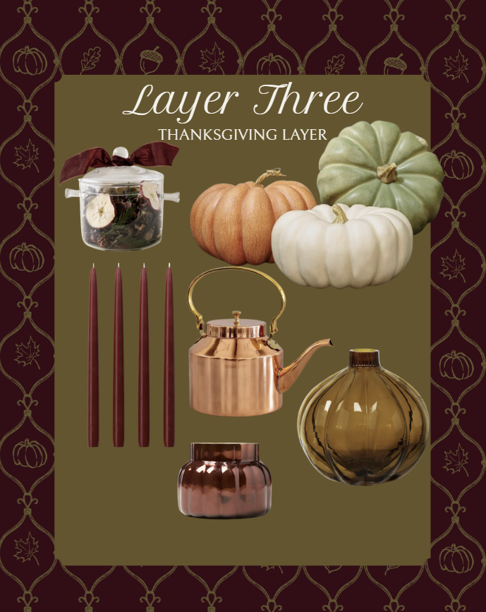 hanksgiving home decor ideas with copper tea kettle, tapered burgundy candles, glass pumpkin vase, autumn spice jar, and neutral harvest pumpkins for cozy fall tablescapes.