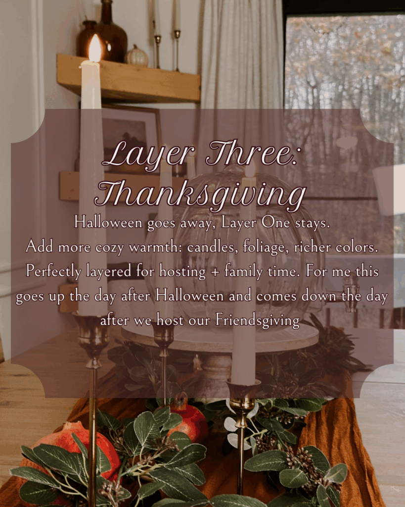 Dining table styled for Thanksgiving with candles, foliage, and rich autumn colors. Perfectly layered seasonal decor for hosting and family gatherings. Text overlay reads “Layer Three: Thanksgiving.”