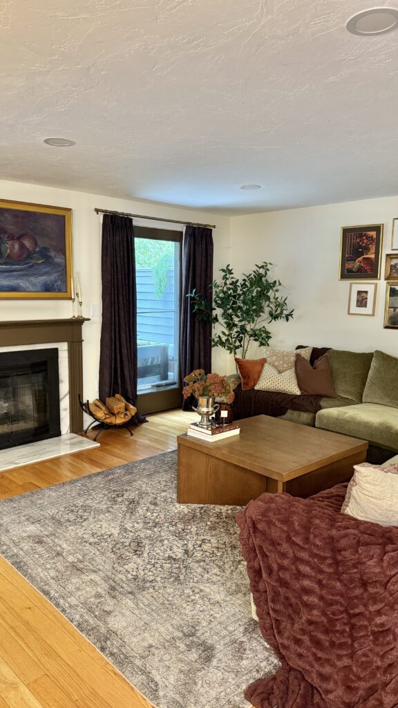 Cozy living room with dark curtains.