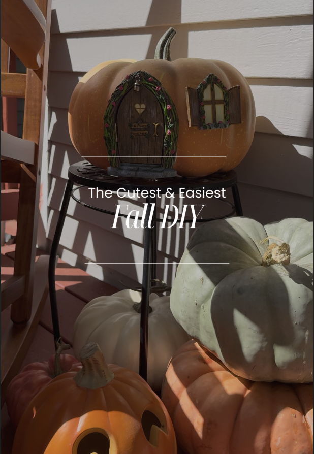 DIY fairy door pumpkin with Tree Poetry fairy door and window set, styled with heirloom pumpkins on a cozy porch. Text overlay reads: ‘The Cutest & Easiest Fall DIY.