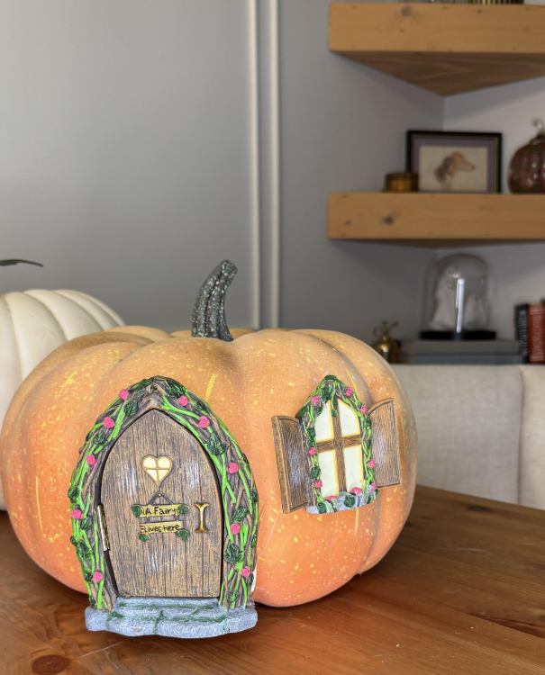 faux pumpkin with fairy door and window 