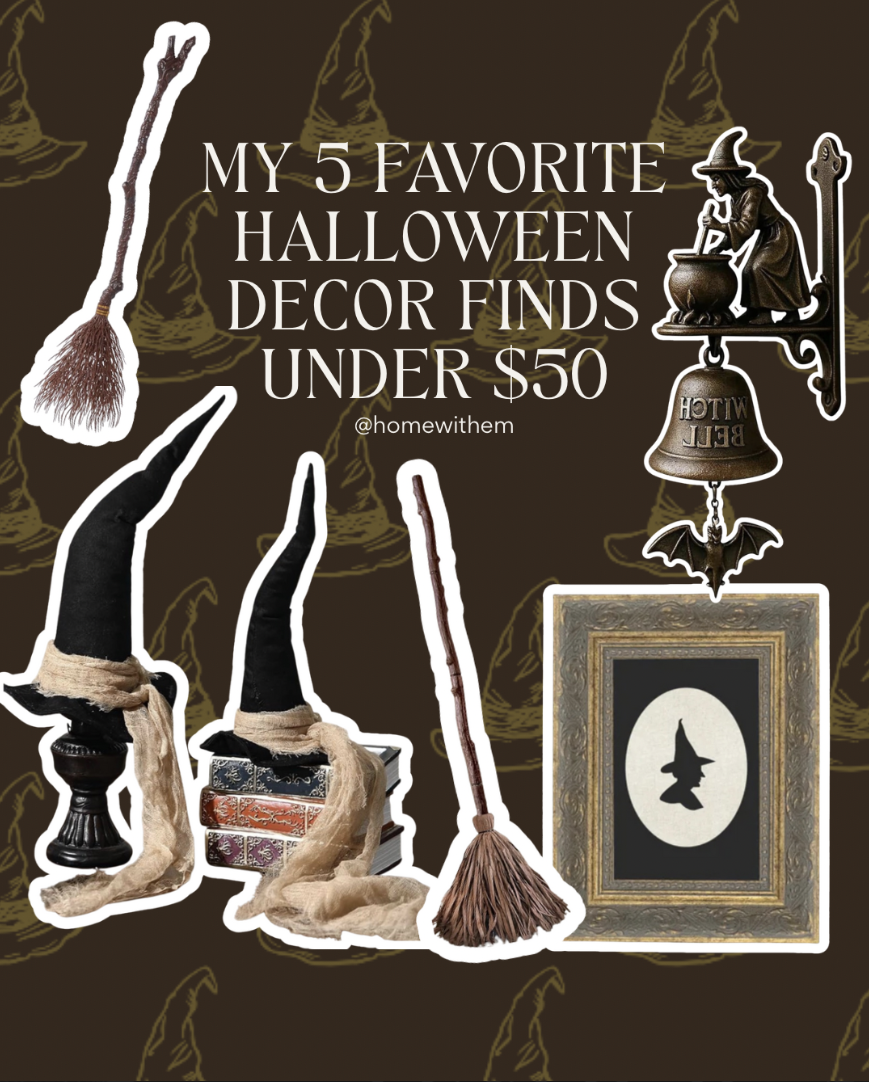 Collage of five affordable Halloween decor finds: sculptural witch hats, animated broom, rustic broom, witch bell, and witch silhouette art.