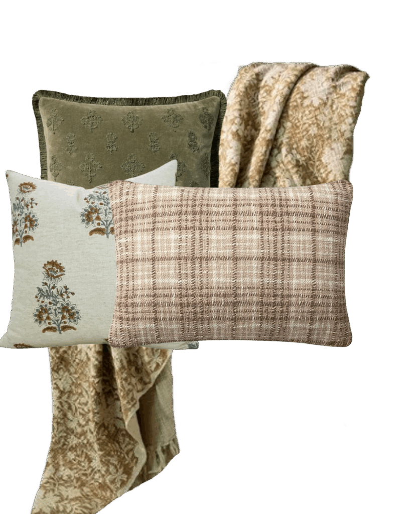 A neutral fall throw and pillow combination featuring an olive velvet pillow, tan floral throw, and a woven plaid pillow in soft earthy tones — perfect for natural, layered fall decor.