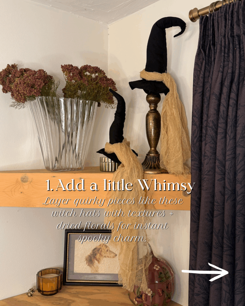 Whimsical fall decor with witch hats and florals styled on shelves for fall.