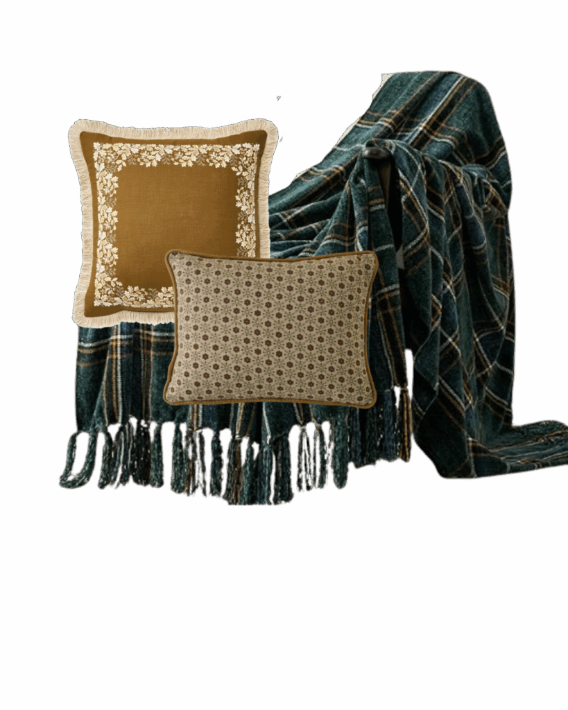 A rich fall-inspired throw pairing featuring gold embroidered pillows, small pattern accent pillows, and a deep forest plaid blanket with fringe detailing — cozy and classic.