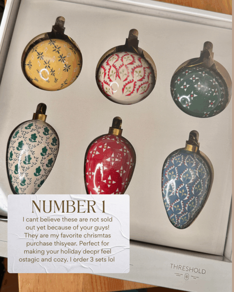 Set of five vintage-inspired Christmas ornaments in red, green, blue, and yellow tones with festive folk patterns. Shown in box labeled “Threshold.” Cozy nostalgic holiday decor.