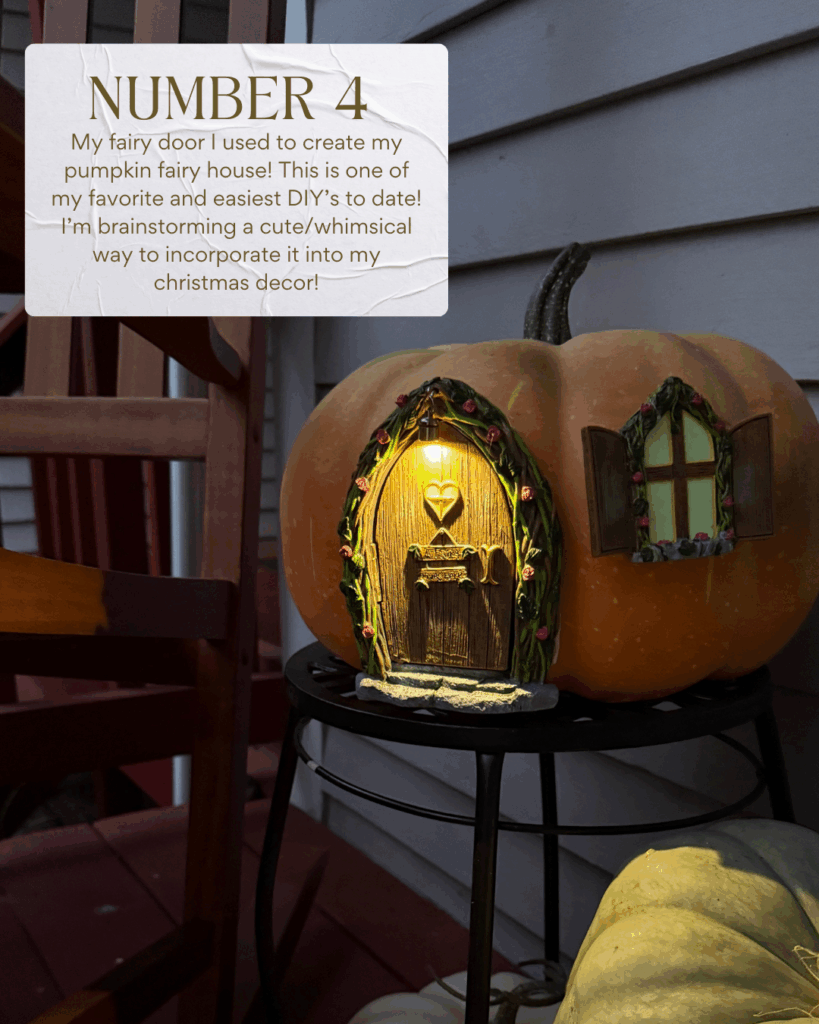Light-up fairy door and window installed on a pumpkin to create a whimsical fairy house, styled on a porch with cozy evening lighting.
