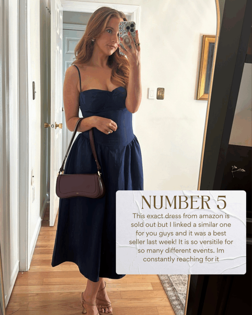 Woman wearing a navy midi dress with thin straps and brown shoulder bag, taking a mirror selfie in a bright hallway. Simple and elegant outfit for fall or events.