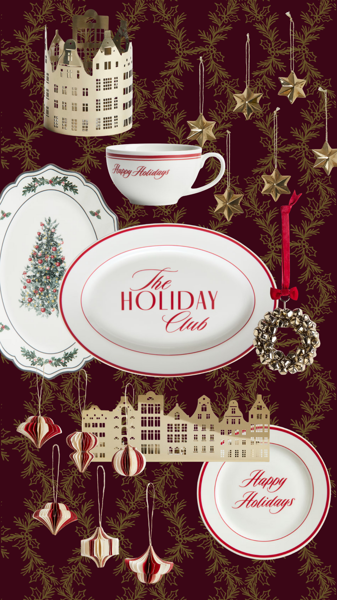 A flat lay of the H&M Holiday Home 2025 collection featuring gold Christmas village tea light holders, red and white “Happy Holidays” plates and mugs, “The Holiday Club” serving platter, gold star ornaments, and vintage-inspired red and white paper ornaments on a burgundy and holly background.