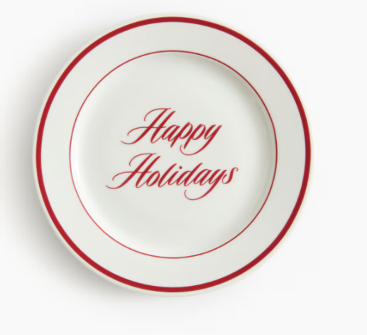 Round white dinner plate from H&M Home with red trim and “Happy Holidays” written in red script — a classic Christmas plate perfect for festive dining or display. Christmas decor