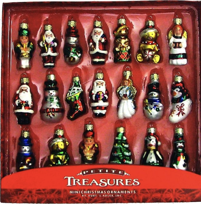 Boxed set of vintage-style mini glass Christmas ornaments featuring Santa, snowmen, angels, and holiday figures. Perfect for adding nostalgic charm to small trees, cozy holiday vignettes, or classic Christmas decor collections.