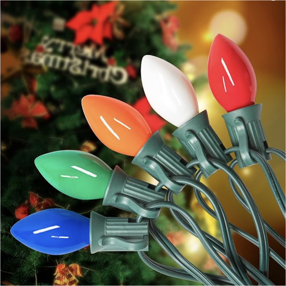 Set of large vintage-style multicolor Christmas lights with red, green, blue, orange, and white bulbs. Classic retro holiday lighting for cozy home decor, nostalgic Christmas tree styling, and whimsical vintage-inspired interiors.