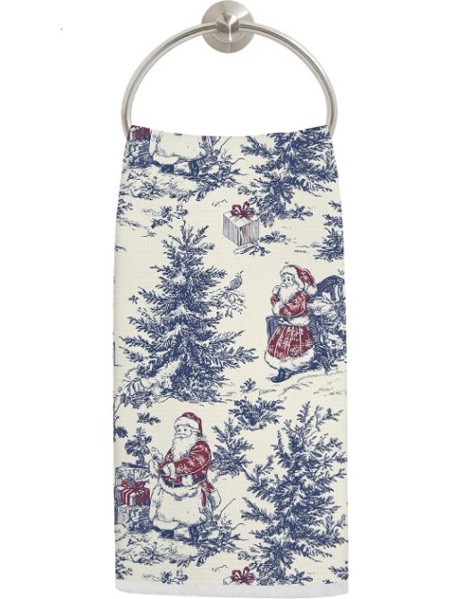 Vintage-inspired Christmas toile hand towel featuring Santa Claus among evergreen trees and wrapped gifts. A cozy and timeless holiday accent that adds traditional charm to your kitchen or bathroom Christmas decor. Perfect for cozy home decorating and whimsical Christmas styling.