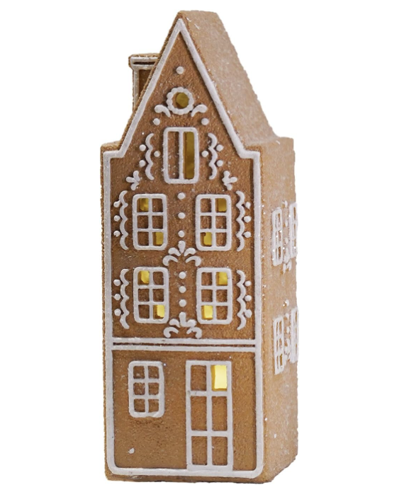 Tall gingerbread house light-up Christmas decoration with intricate white icing details and glowing windows. A cozy and nostalgic addition to your holiday decor, perfect for creating a warm, whimsical Christmas village display or festive mantel styling.
