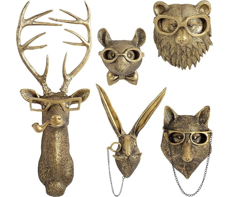 Set of brass animal wall hooks featuring deer, bear, fox, and rabbit designs with glasses and quirky charm. Ideal for adding a whimsical touch to cozy home decor, rustic holiday styling, or eclectic interior spaces during the Christmas season.
