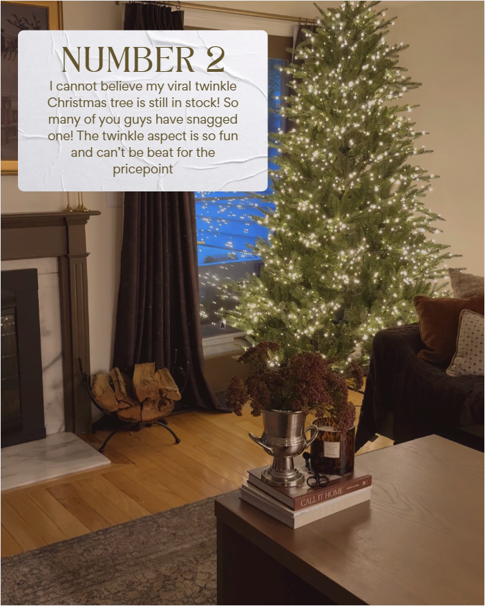 Glowing Christmas tree covered in twinkling warm lights beside a moody living room with brown drapes and a marble fireplace. Viral twinkle tree styled for the holidays.