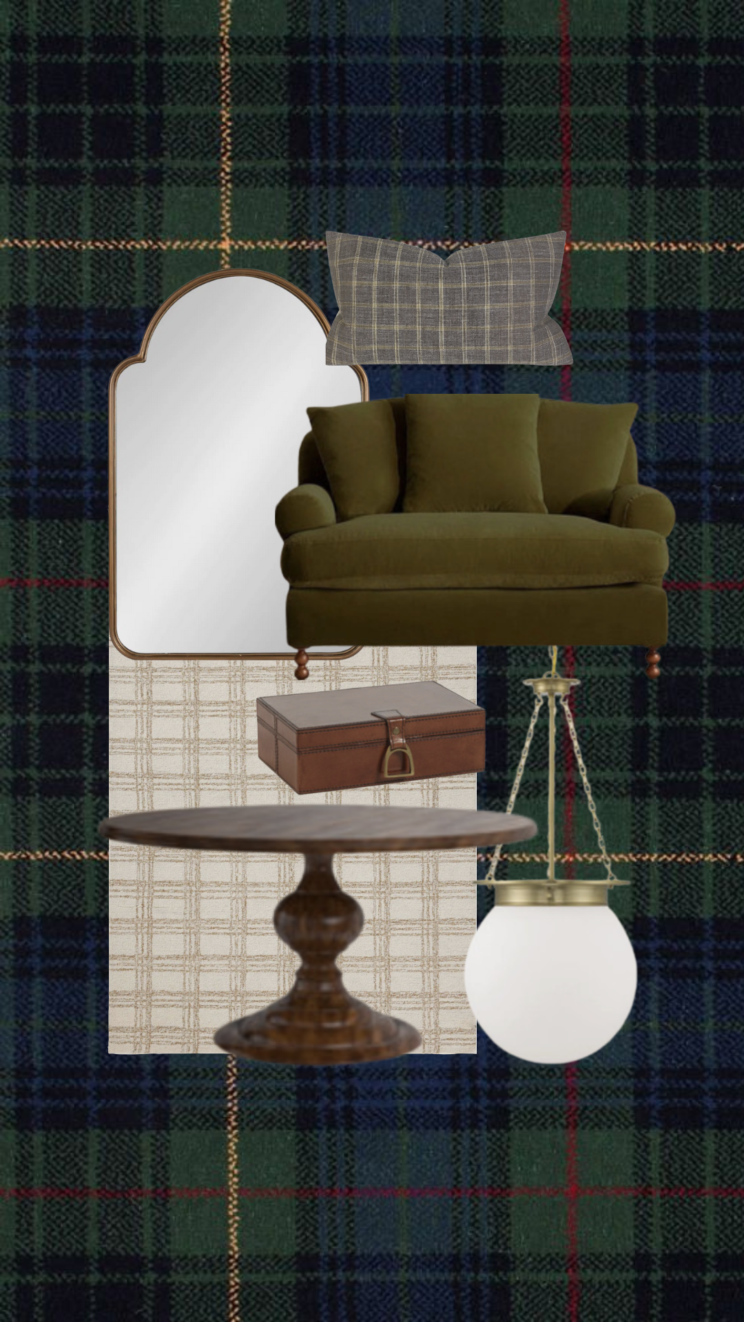 Cozy plaid mood board featuring traditional and timeless home decor pieces: an olive green velvet loveseat, wood pedestal coffee table, brass pendant light, plaid pillow, arched wall mirror, leather storage box, and neutral checkered rug — all styled on a moody navy and green tartan background for a warm, whimsical fall home look.