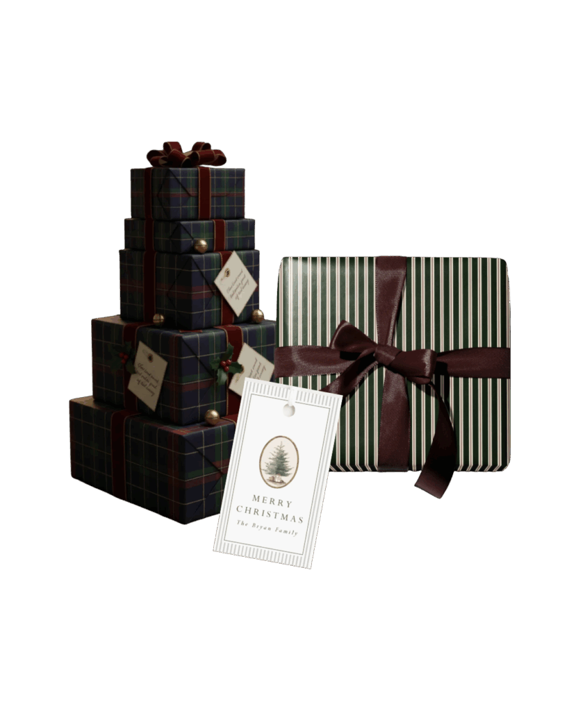 ower of wrapped gifts in deep green plaid paper with red ribbons and matching gift tags, styled beside striped green box.