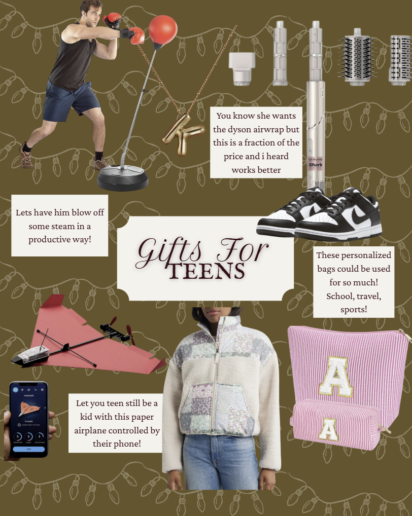 Gift guide for teens featuring curated ideas including a standing boxing bag for active boys, gold initial necklace jewelry, Shark FlexStyle hair tool as an affordable Airwrap alternative, black and white Nike sneakers, customizable pink initial travel pouches, a phone-controlled paper airplane toy, and a cozy patchwork fleece jacket. Holiday background with string lights and text callouts highlighting why each item makes a great teen gift.