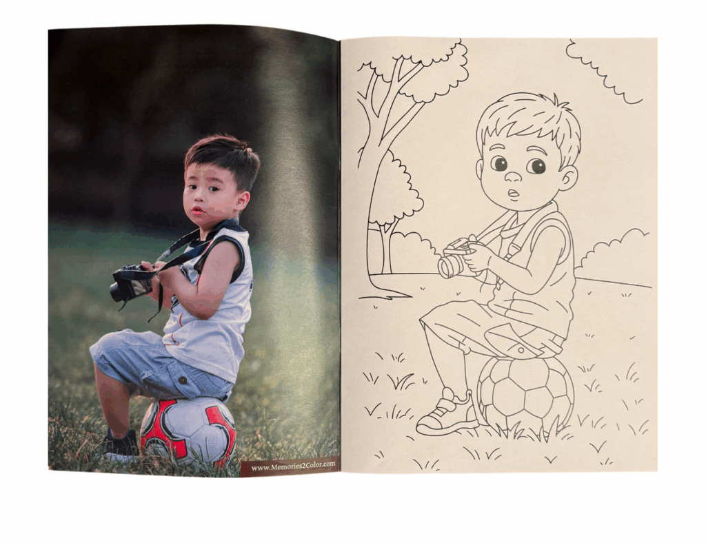 Photo-to-coloring-book transformation showing a young boy sitting on a soccer ball with a camera around his neck, recreated as custom line art. The left side displays the original outdoor portrait and the right side shows the illustrated coloring page version, highlighting Memories2Color’s personalized children’s coloring gifts.