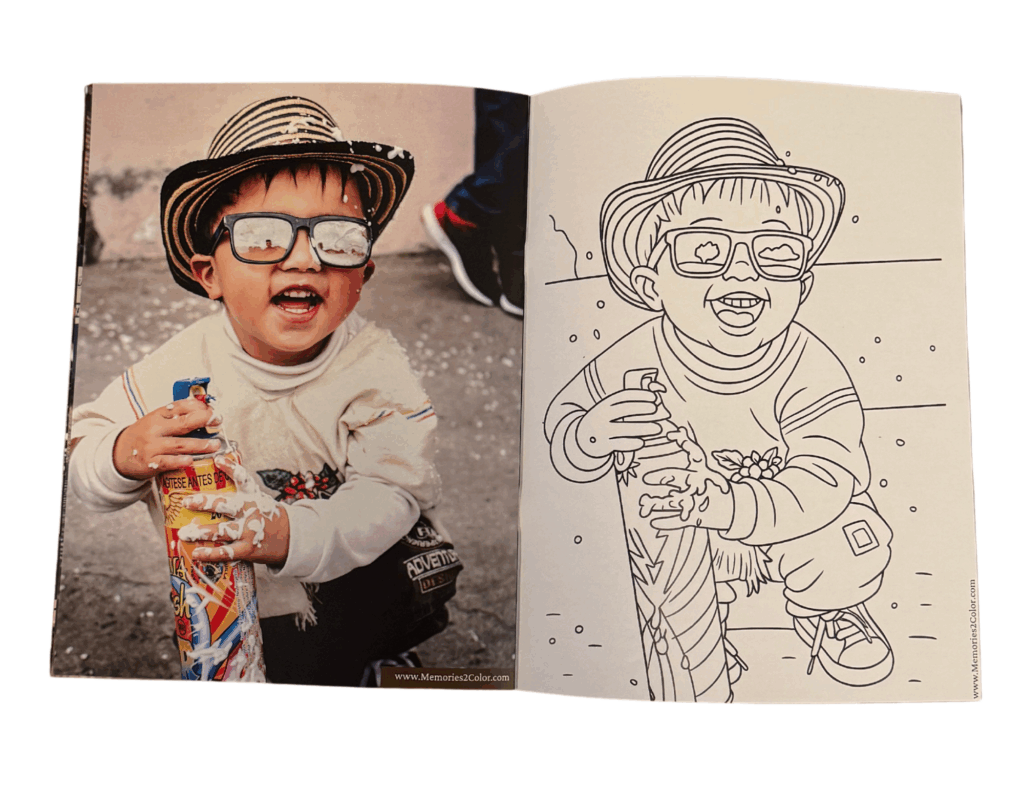 Side-by-side comparison of a child’s photo turned into a custom coloring page by Memories2Color. The original image shows a smiling young boy wearing a striped hat and sunglasses, holding a spray can with foam on his hands. The coloring page recreates the same joyful moment in clean black-and-white line art, highlighting how personal photos can be transformed into meaningful, custom coloring book pages.