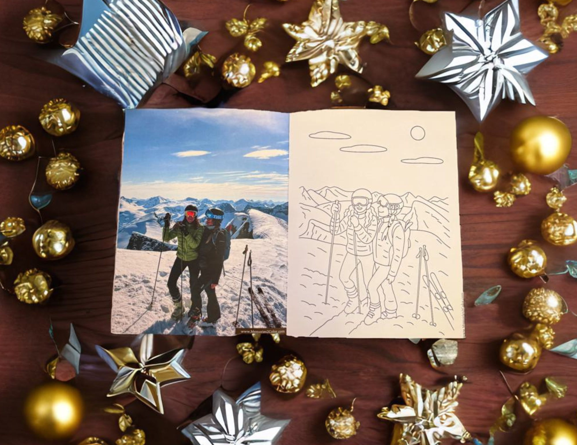 Side-by-side photo and custom coloring page of a couple skiing in the mountains, created by Memories2Color. The original photo shows two people in winter gear posing on a snowy peak, while the coloring page recreates the scene with hand-drawn line art. Surrounded by gold and silver Christmas ornaments, perfect for showcasing personalized photo-to-coloring-book gifts.