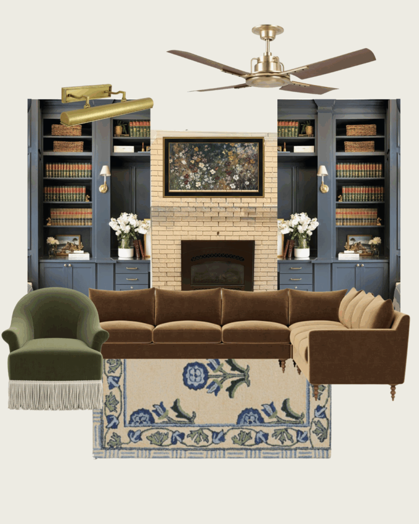Interior design mood board for a moody living room featuring blue built-in bookshelves, a brick fireplace with a framed TV above it, a brown velvet sectional, an olive green fringe armchair, brass picture lights, a modern brass ceiling fan, and a blue-and-cream floral rug. The collage shows the color palette and furniture layout used in the living room makeover.