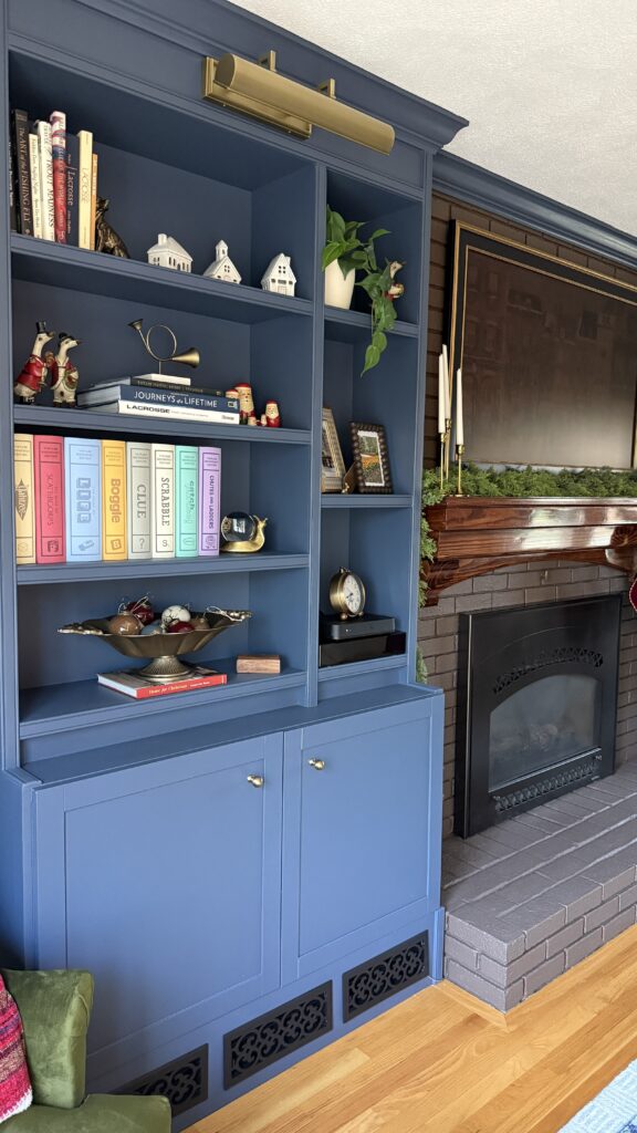 Blue bookshelf with decorative items