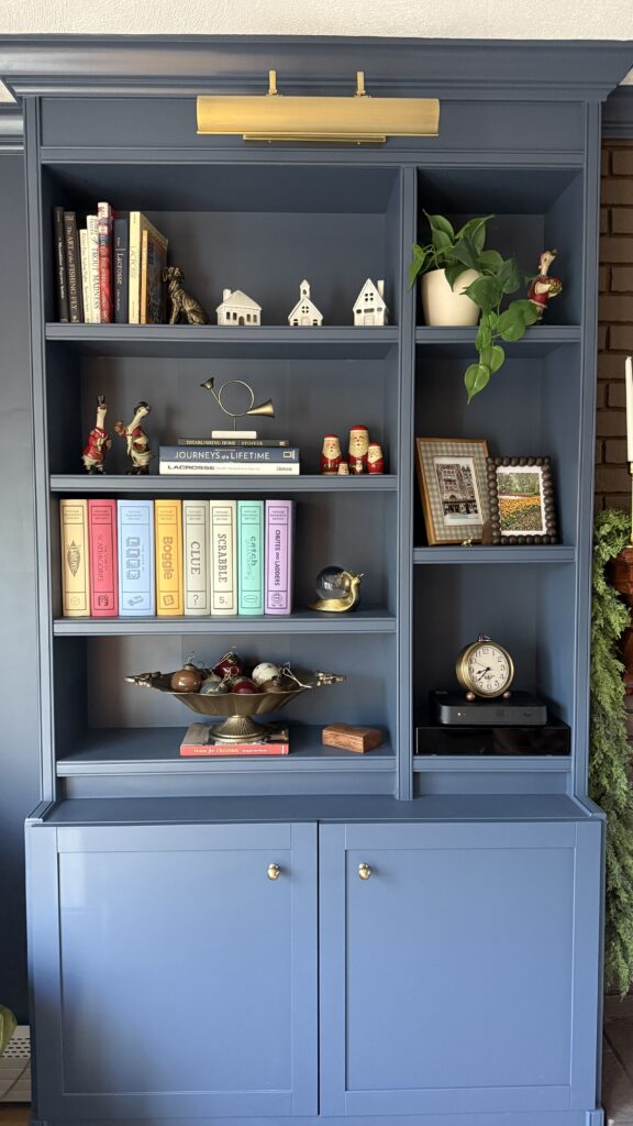 Colorful bookshelf with decorative items