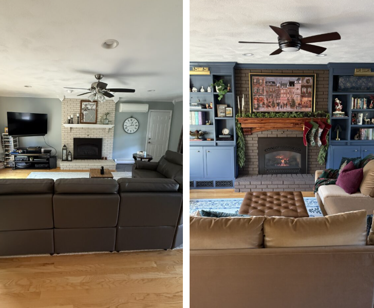 Side-by-side before-and-after of a living room makeover. The ‘before’ shows a gray, minimalist space with a white brick fireplace, wall-mounted TV, and little decor. The ‘after’ reveals a dramatic transformation with moody blue built-in bookshelves, a framed TV centered over a newly styled fireplace, warm wood accents, Christmas garlands, stockings, and layered cozy decor.