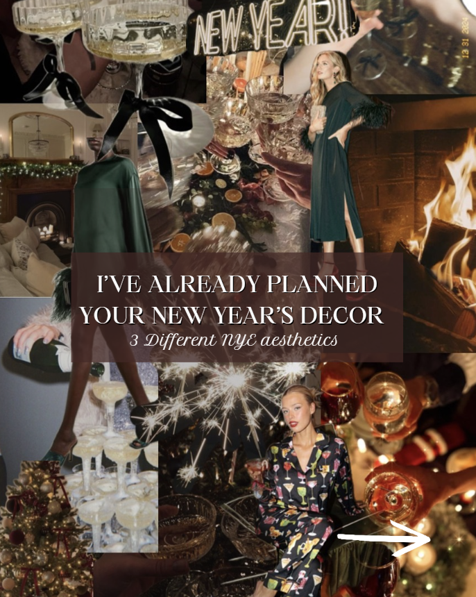 Collage of New Year’s Eve decor and fashion inspiration featuring champagne glasses, cozy interiors, festive outfits, candlelight, and celebratory details representing three New Year’s Eve decor aesthetics.