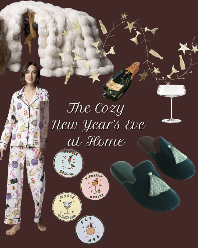 Cozy New Year’s Eve at home decor featuring festive pajamas, champagne bottle, star string lights, soft textures, slippers, and playful cocktail coasters for a relaxed yet celebratory night in.