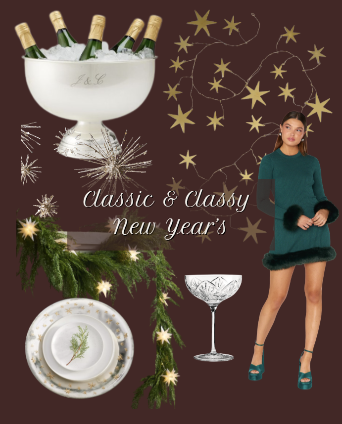 Classic and classy New Year’s Eve decor with champagne coupes, elegant glassware, greenery accents, gold details, and timeless table settings for a sophisticated NYE celebration.