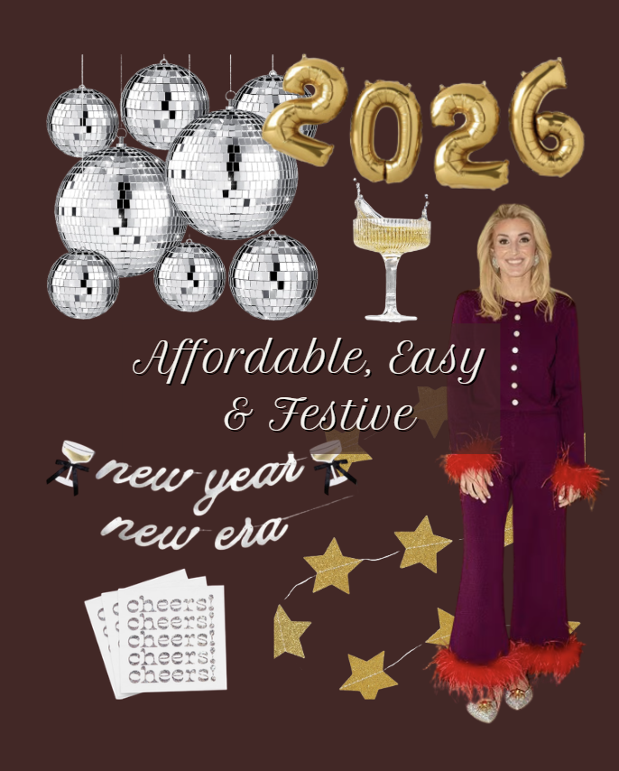 Affordable New Year’s Eve decor ideas featuring disco balls, gold star decorations, 2026 balloons, festive accessories, and simple party details for an easy and playful NYE setup.