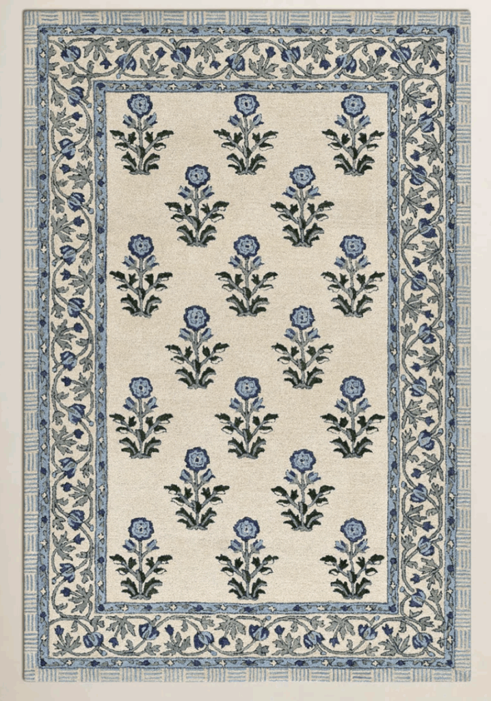 Floral patterned rug with blue accents
