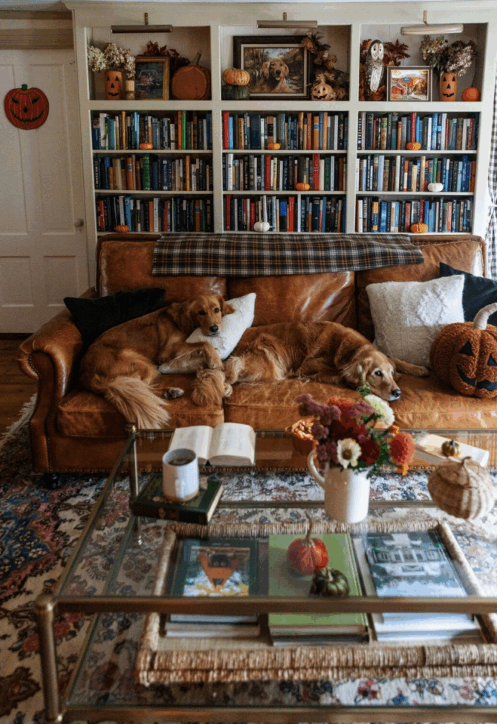 Cozy living room with golden retrievers.