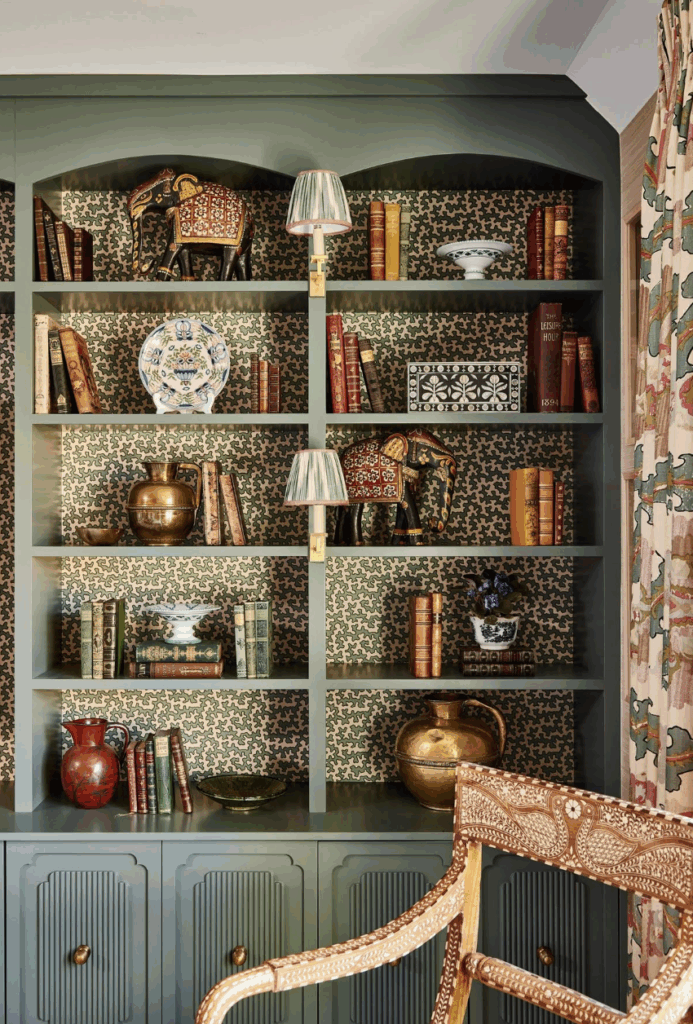 Decorative bookshelf with various artifacts