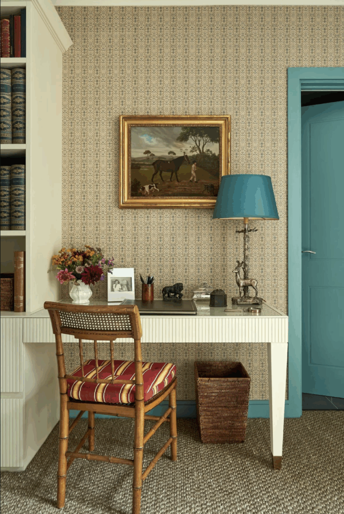 Cozy desk with decorative elements.
